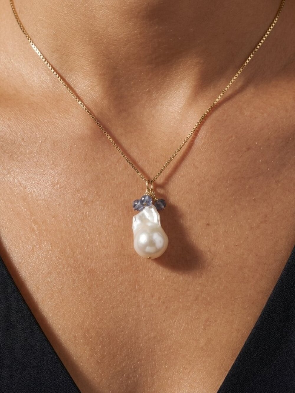 Baroque Pearl & Iolite Cluster Necklace, 14K Gold Filled